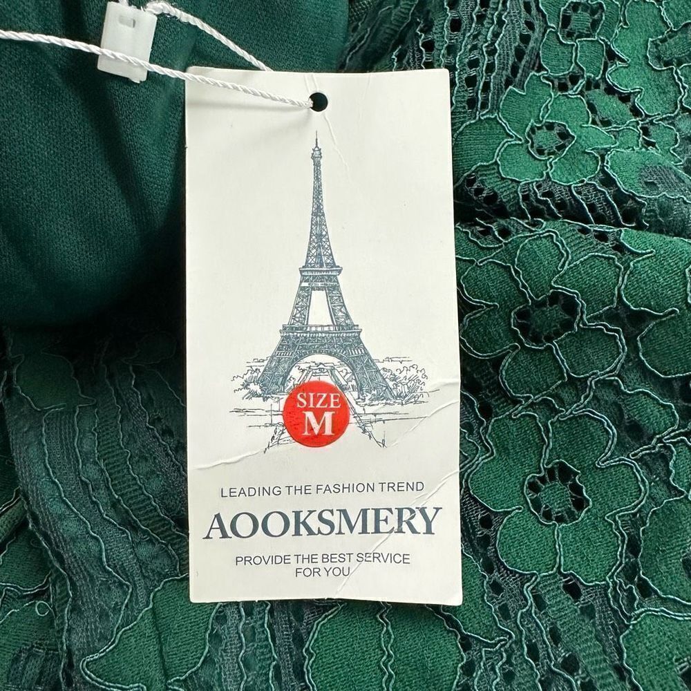 Aooksmery Women's Size M Lace Mini Dress‎ Emerald Green Tie Back New - Picture 9 of 15